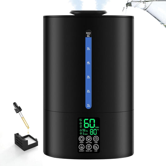 Coolfiqu 6L Humidifiers for Bedroom Large Room Home,Cool and Warm Humidifier for Baby and Plants Hot Mist Top Fill Desk Humidifier Oil Diffuser,Quiet,Auto Mode,360°Nozzle-Midnight Black(2026 Upgraded)