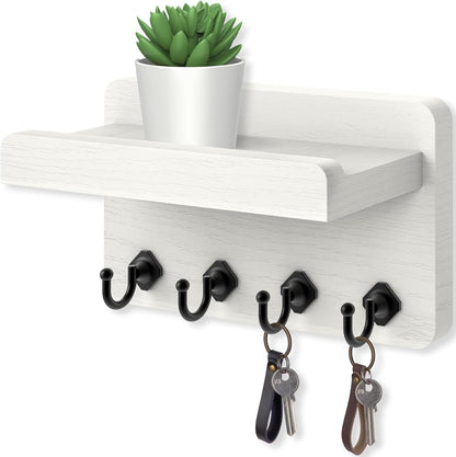 Nekon Key Holder Wall Mount, 8.5 Inch Small Wooden Wall Organizer, Black | Rustic Wall Shelf, Farmhouse Key and Mail Holder for Living Room Entryway Kitchen