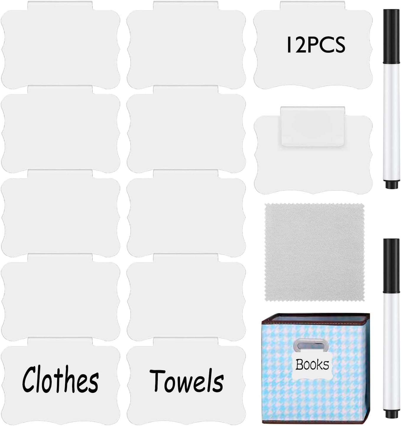 20 Basket Labels Clip On, Reusable Labels for Storage Bins, Removable Chalk Labels for Containers, Kitchen Closet Baskets and Storage Basket Holders with 2 White Chalk Markers