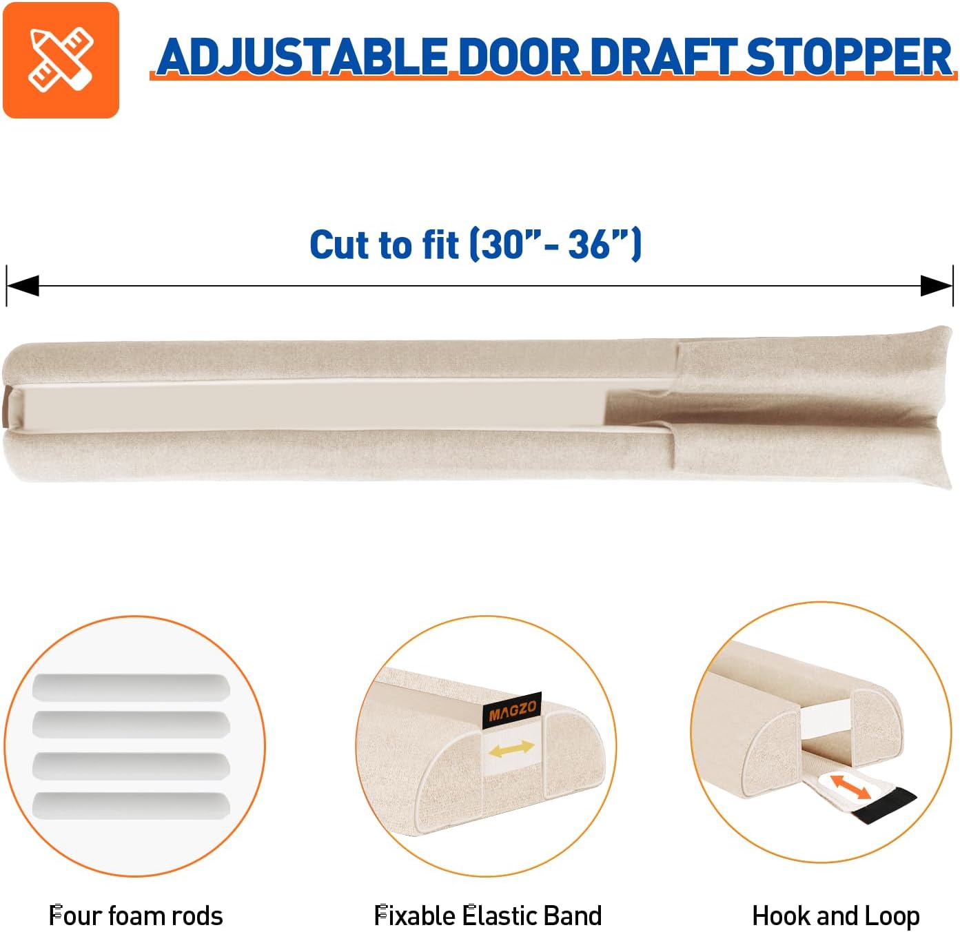 MAGZO Under Door Draft Stopper, 36 Inch Adjustable Door Gap Filler, Gray | Dual-Sided Soundproof Door Sweep for Blocking Noise Cold Air, Smoke, Dust & Light – Easy Install, Energy Saving, Washable