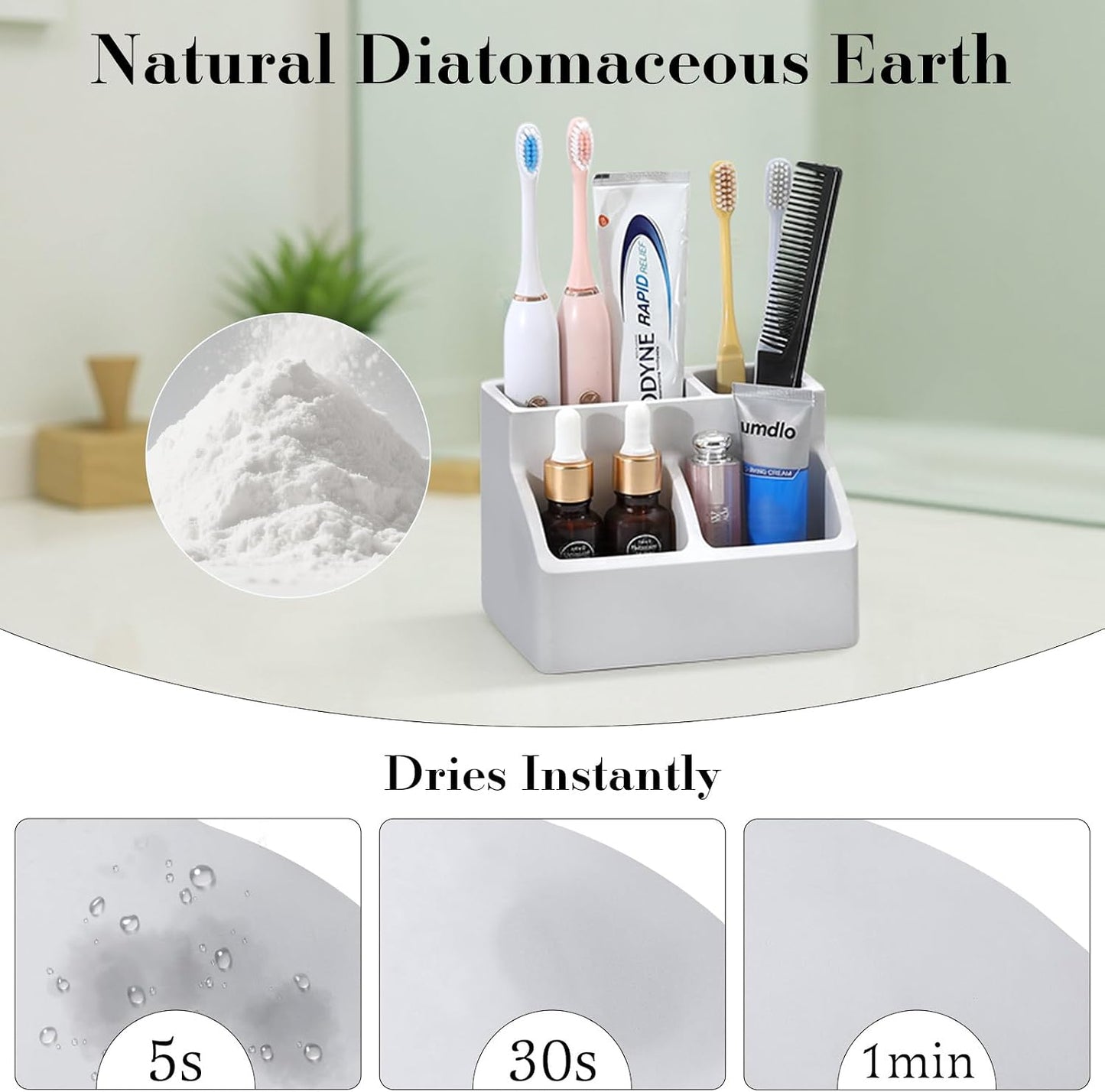Luxspire Diatomite Toothbrush Holder, 2 Slots, Marble White | Fast Drying, Diatomaceous Earth, Electric Tooth Brush and Toothpaste Organizer, For Bathroom Kitchen Vanity Countertop