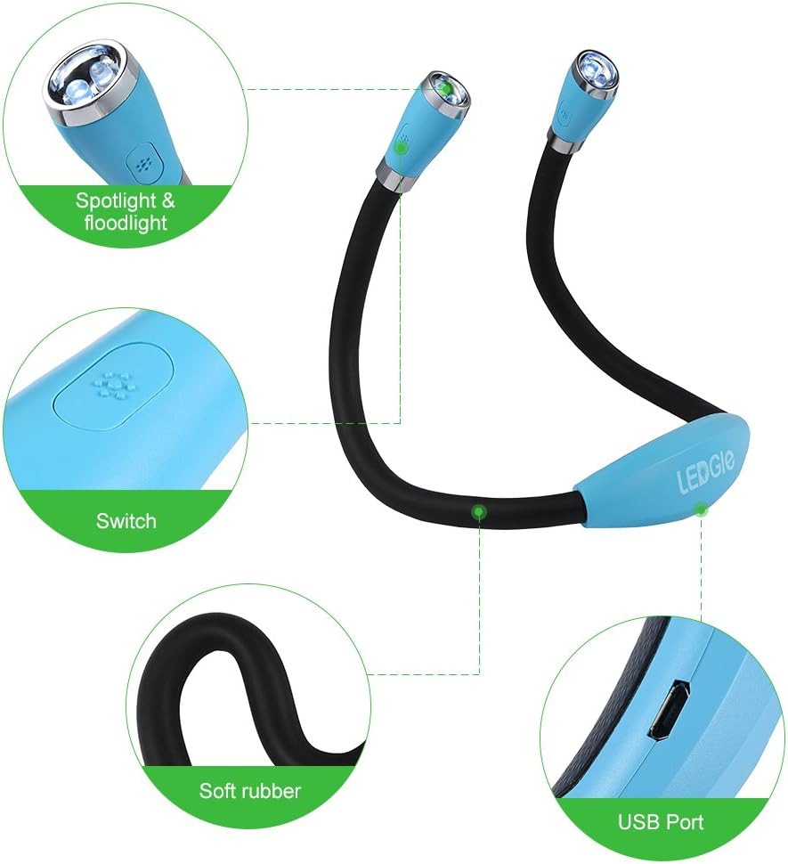 LEDGLE LED Neck Reading Light, Book Light for Reading in Bed, 3 Color Temperatures 6 Adjustable Brightness 1600K 3500K 6000K Flexible Neck Lights for Knitting Reading Crocheting Repairing (Black)