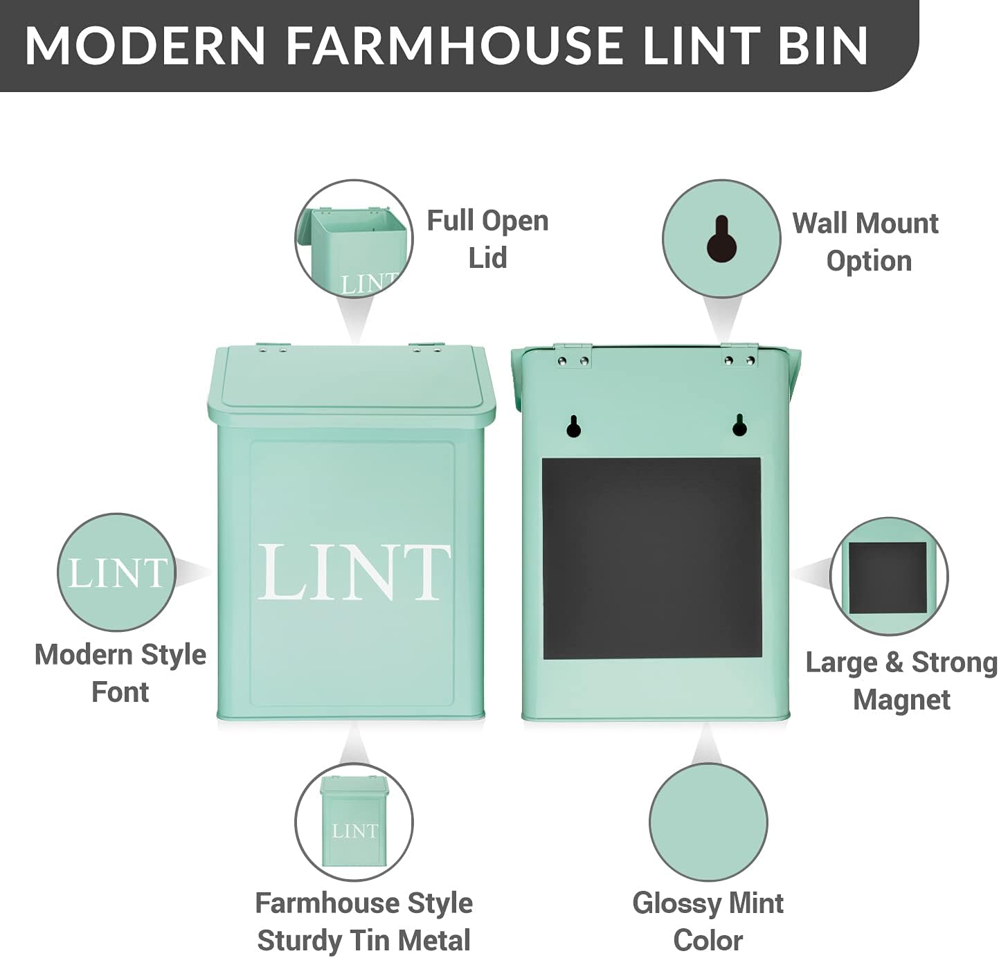 Calindiana Modern Farmhouse Metal Magnetic Lint Bin with Lid and Laundry Room Organization and Storage Wall Mount Space Saving Washer and Dryer Trash Can (White (LINT Brush Set))