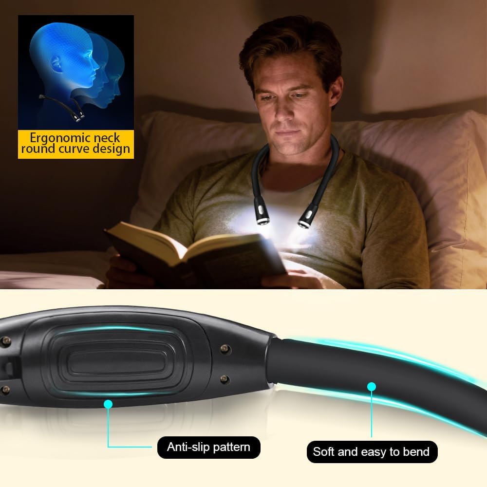 Neck Reading Light, Rechargeable Book Light for Reading in Bed, Hands Free, 360° Flexible Arms, Neck Light for Reading, Knitting, Camping, Repairing