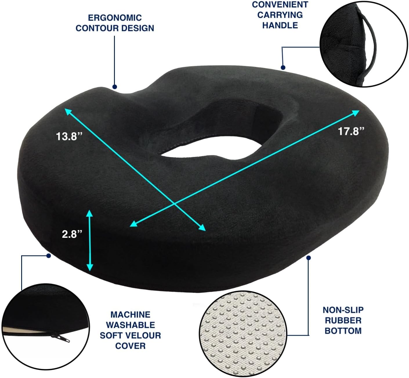 Kieba Hemorrhoid Treatment Donut Tailbone Cushion, Prostate Pillow, Pregnancy, Post Natal, Bed Sores, Coccyx, Sciatica, 18 Inches. Ultra Premium Comfort Foam (Black)