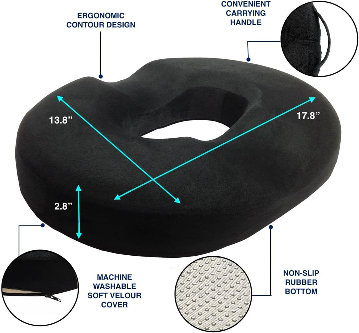 Kieba Hemorrhoid Treatment Donut Tailbone Cushion, Prostate Pillow, Pregnancy, Post Natal, Bed Sores, Coccyx, Sciatica, 18 Inches. Ultra Premium Comfort Foam (Black)
