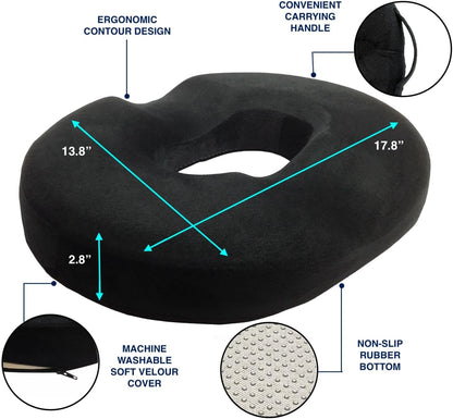 Kieba Hemorrhoid Treatment Donut Tailbone Cushion, Prostate Pillow, Pregnancy, Post Natal, Bed Sores, Coccyx, Sciatica, 18 Inches. Ultra Premium Comfort Foam (Black)