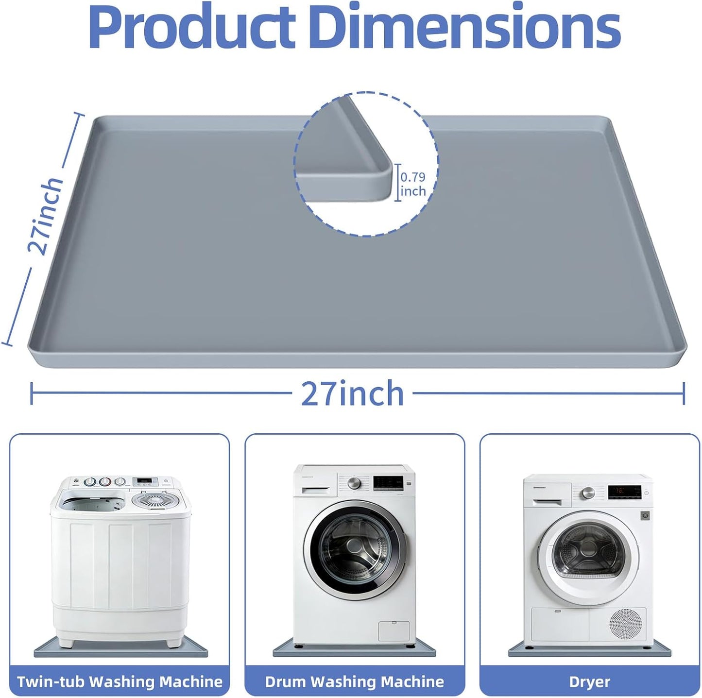 27x27 Inch Foldable Silicone Washing Machine Drain Pan Grey | 0.78 Inch Raised Lip, Waterproof Leak Proof, Non Slip Drain Tray, For Washer, Dryer, Fridge, Dishwasher