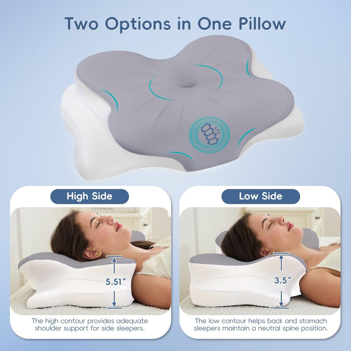 Cervical Neck Pillow,Memory Foam Pillow with Dual Height, Grey