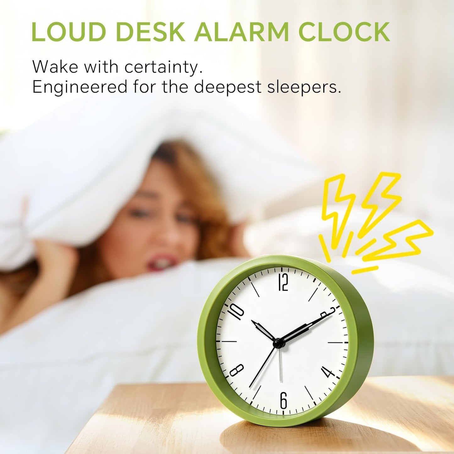 Silent Analog Loud Alarm Clock for Bedrooms, 4.5" Battery Operated Alarm Clock with Modern Round Design, Plastic Small Desk Clock for Heavy Sleepers Adults Teens Seniors College Dorms, Green