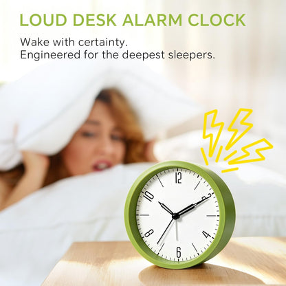 Silent Analog Loud Alarm Clock for Bedrooms, 4.5" Battery Operated Alarm Clock with Modern Round Design, Plastic Small Desk Clock for Heavy Sleepers Adults Teens Seniors College Dorms, Green
