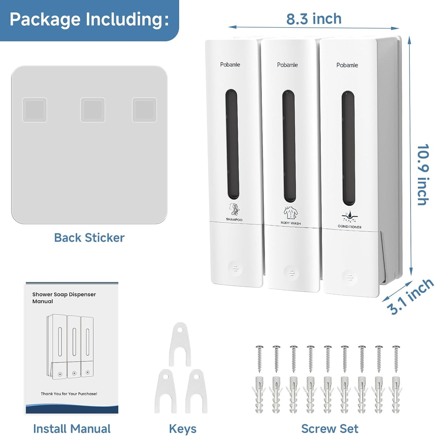 Shampoo and Conditioner Dispenser - Shower Soap Dispenser Wall Mounted No Drill - Shampoo Conditioner Body Wash Dispenser 3 Chamber - Easy Install for Bathroom Hotel Black 1200ml