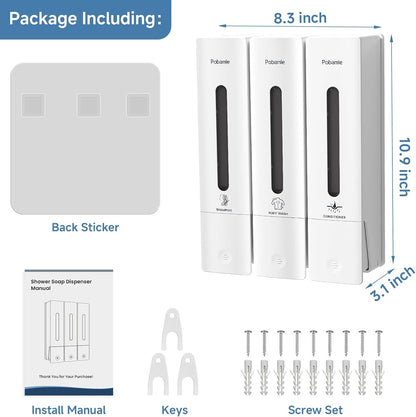 Shampoo and Conditioner Dispenser - Shower Soap Dispenser Wall Mounted No Drill - Shampoo Conditioner Body Wash Dispenser 3 Chamber - Easy Install for Bathroom Hotel Black 1200ml