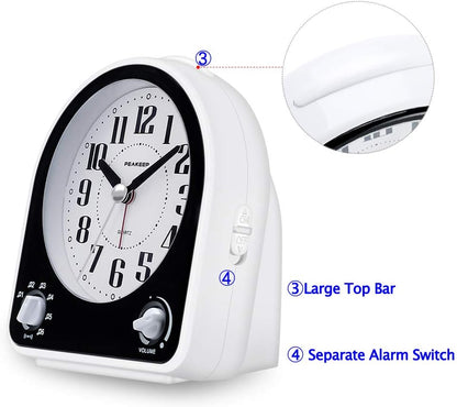 Peakeep Analog Alarm Clock Non-Ticking Silent, 7 Wake-up Sounds | with Volume Control, Nightlight and Snooze, AA Battery Operated (Black)