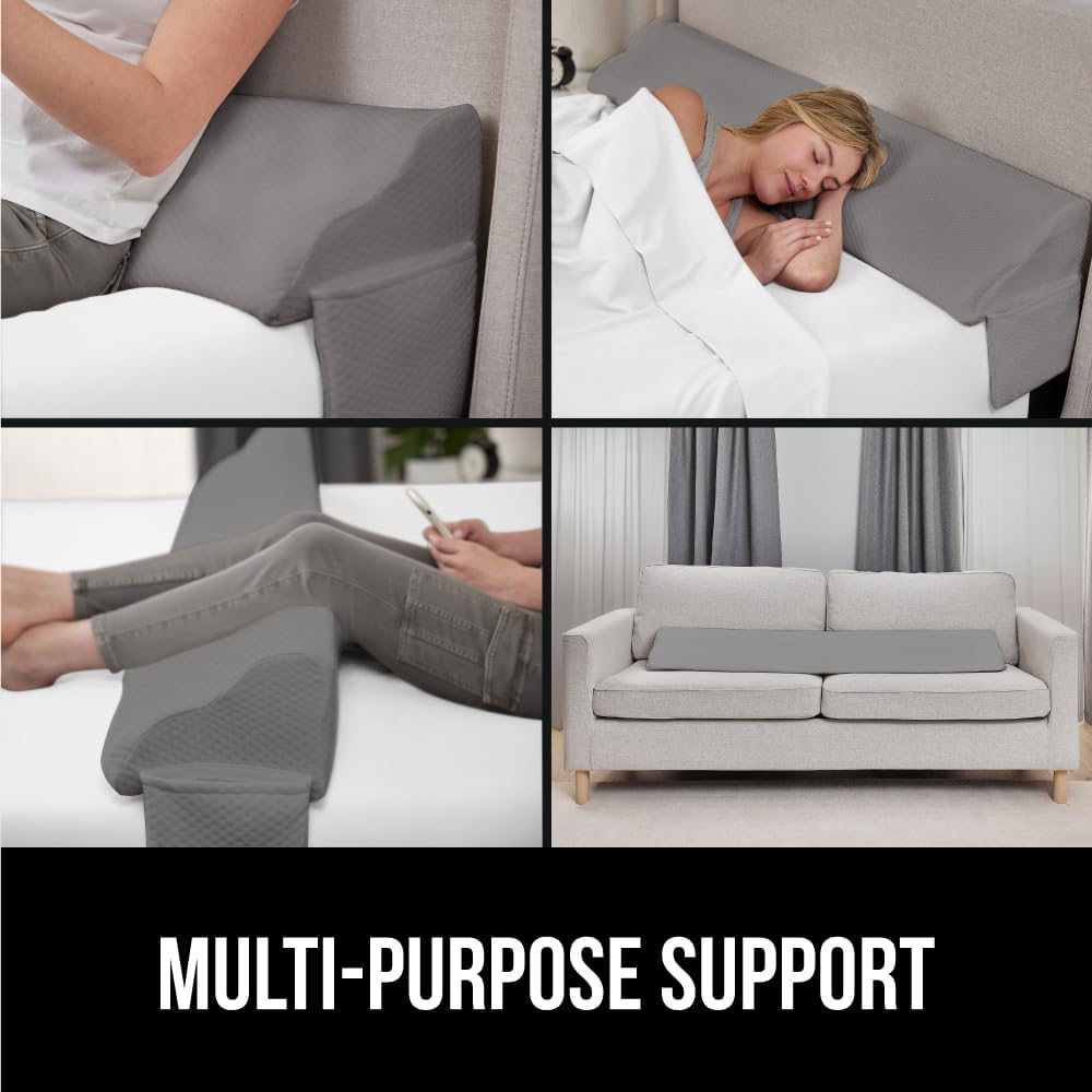 GORILLA GRIP Patented Bed Wedge Pillow for Headboard Gap, Filler Between Mattress Gaps, Comfortable Supportive High Density Cushioned Foam Pillows, Stay in Place Gripping Dots, King Soft Gray