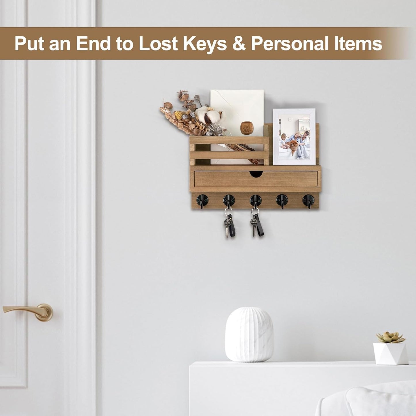 Key Holder Wall Mount, Mail Holder with Storage Drawer | Key and Mail Holder with 5 Key Hooks for Coat, Dog Leash, Home Decor Rack, House Accessories, Entry Way Organizer