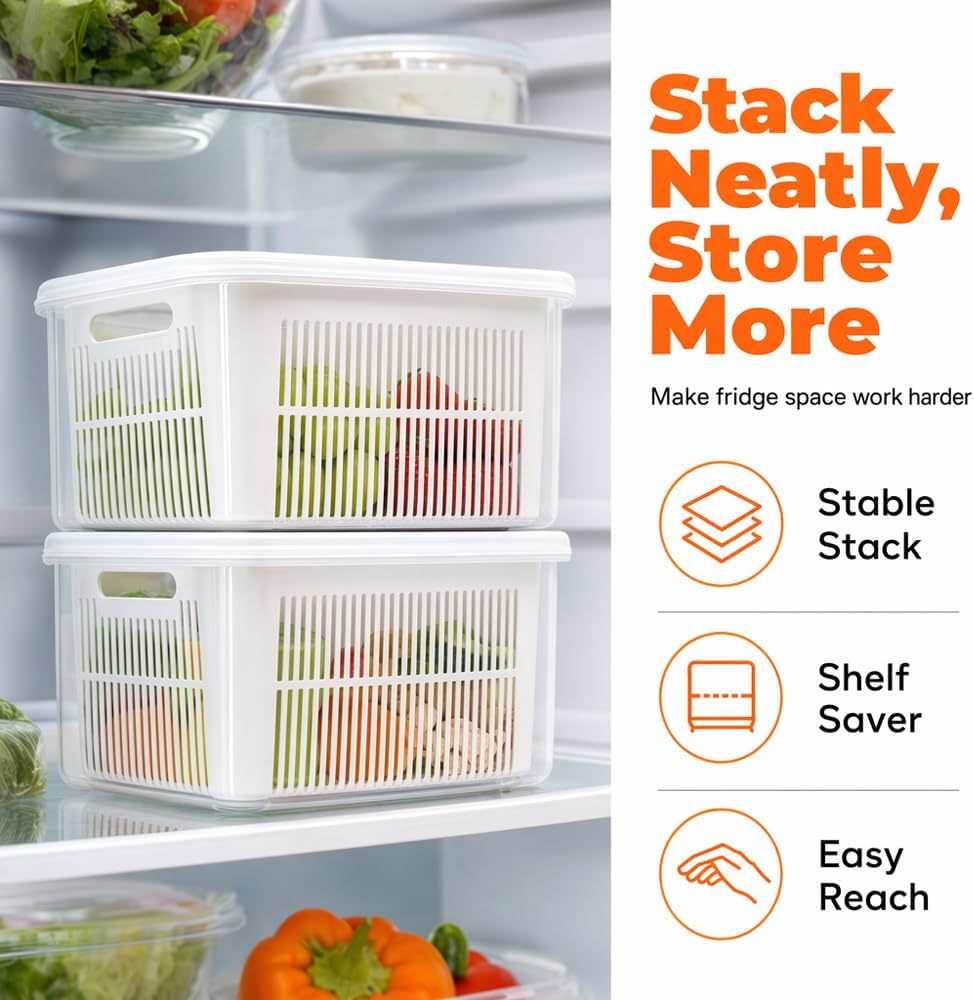 Kruggo Fruit Storage Container For Fruit Kitchen Storage (A, Medium) | Removable Colander Produce Storage Containers for Fridge Organizer