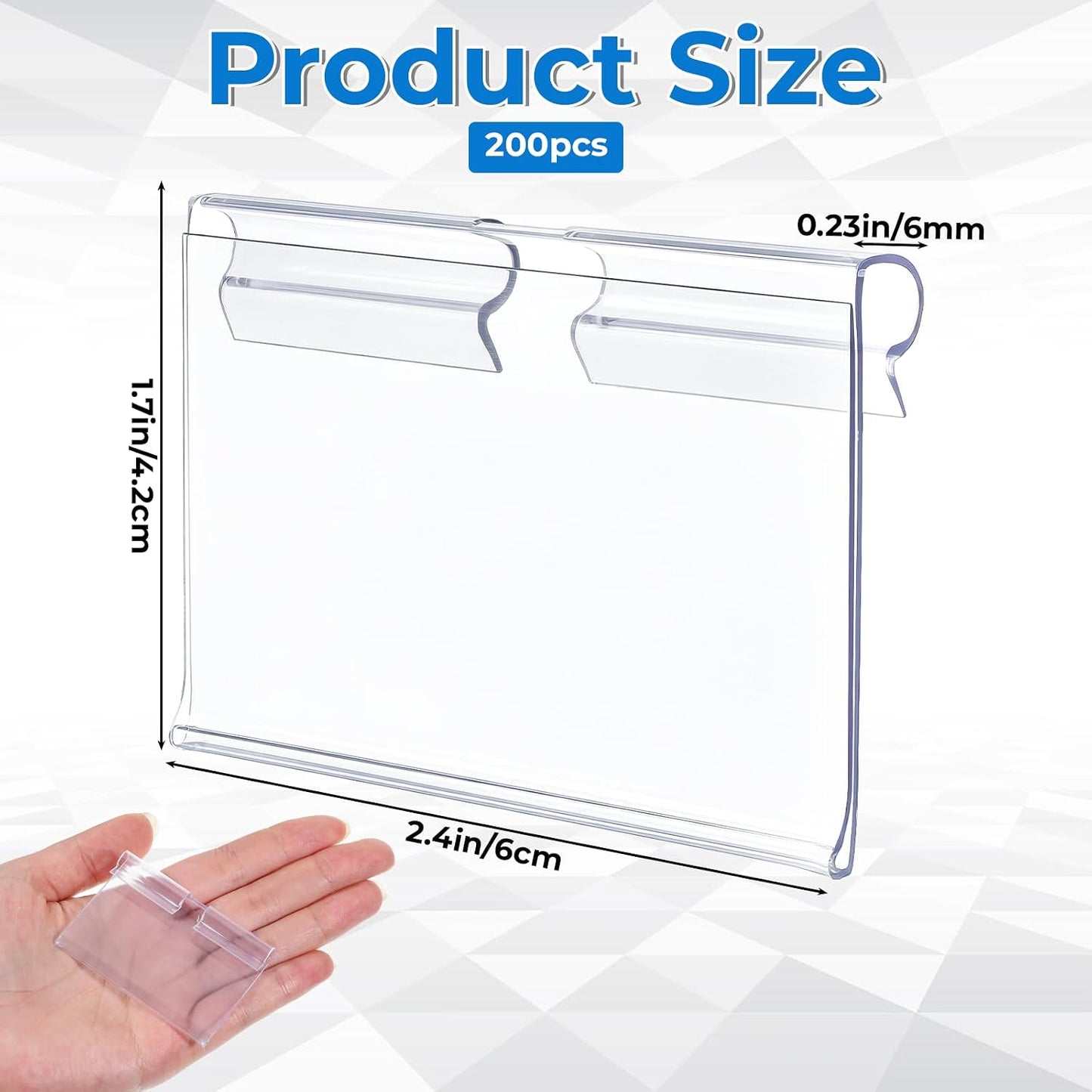 200 Pcs Clear Plastic Wire Shelf Label Holder, 2.4 x 1.7 Inch Reusable Plastic Price Display Holder Merchandise Sign Display Clips for Shop, Wire Shelf, Storage Bins
