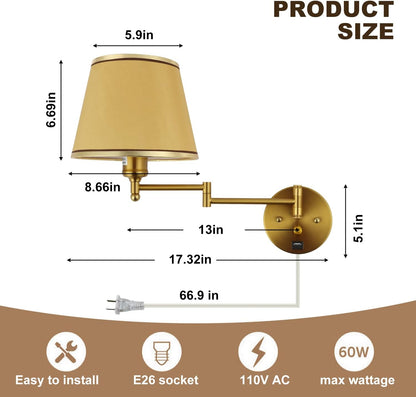Swing Arm Wall Lamp Plug in Wall Sconces Adjustable Vintage Industrial Reading Light Bedside Wall Mount Light with Dimmable Switch and USB Port Black