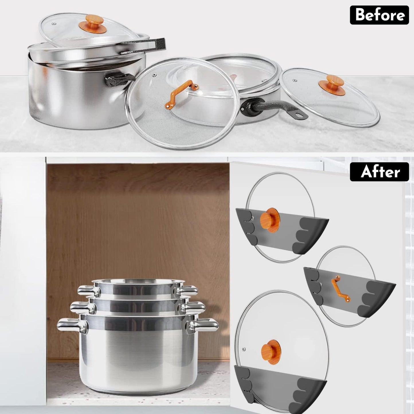 Universal Pot Lid Organizer for Cabinet - Upgraded Patented Niceyos 3 Pack Inside Cabinet Door Wall Mount Pan Top Storage Organizer Rack Holder for Kitchen, Fits 6" to 13" (Black)
