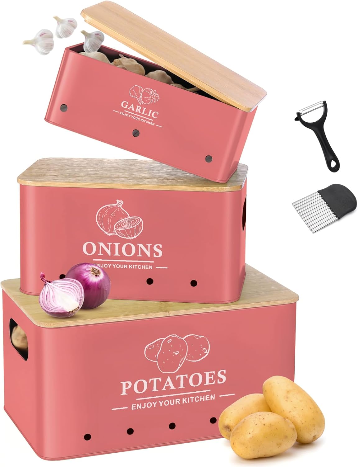 Kitchen Vegetable Storage Set of 3, Metal Onion Garlic Potato Storage Set, Kitchen Canisters Vegetable Keeper Containers with Aerating Holes and Bamboo Lid,Black