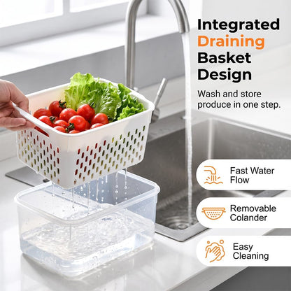 Fruit Storage Containers for Fridge, Leakproof Produce Containers with Colanders & Lids, Refrigerator Organizers and Storage for Berry Vegetable Salad Lettuce Meat Food, Blue, S+M+L