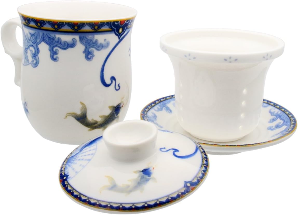 Porcelain Tea Cup with Infuser Lid and Saucer Sets - Chinese Jingdezhen Ceramics Coffee Mug Teacup Loose Leaf Tea Brewing System for Home Office