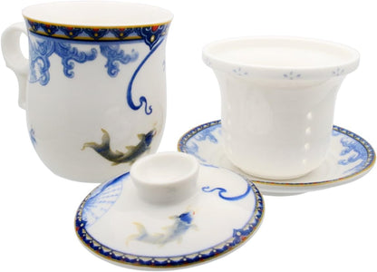 Porcelain Tea Cup with Infuser Lid and Saucer Sets - Chinese Jingdezhen Ceramics Coffee Mug Teacup Loose Leaf Tea Brewing System for Home Office