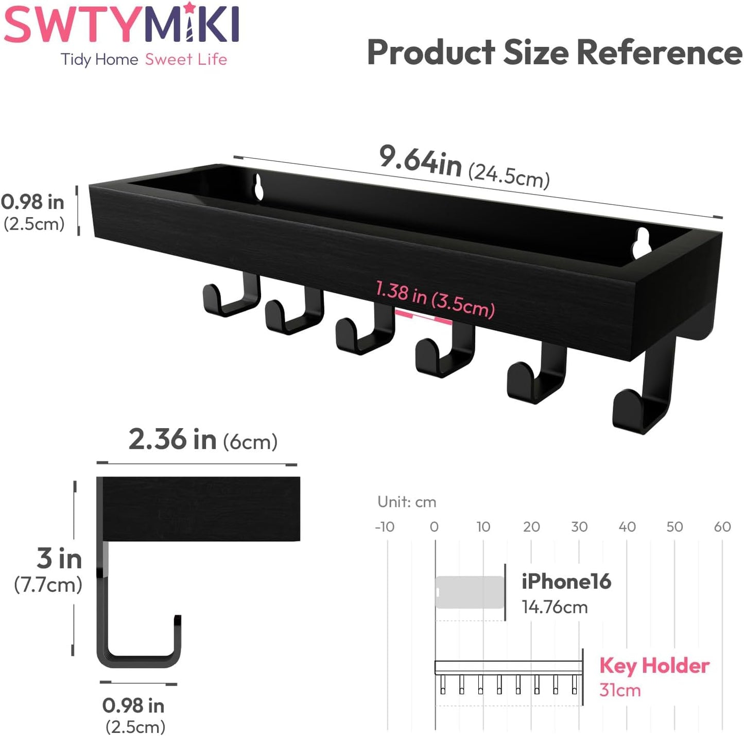 SWTYMIKI Key Holder Wall Mount - Wooden Key Hooks for Wall with Mail Organizer & 6 Hooks, 2 Installation Ways Key Hanger, Key Rack with Shelf for Entryway Living Room Bedroom Office Home Decor Black
