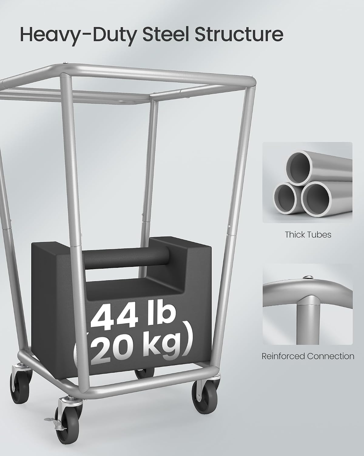 SONGMICS Laundry Basket with Wheels, 3-Section Laundry Sorter, 76.6 Gallons (290 L) Rolling Hamper with Removable Bags, Heavy-Duty Steel Frame, Cream White, Dark Gray and Ink Black URLS010X01