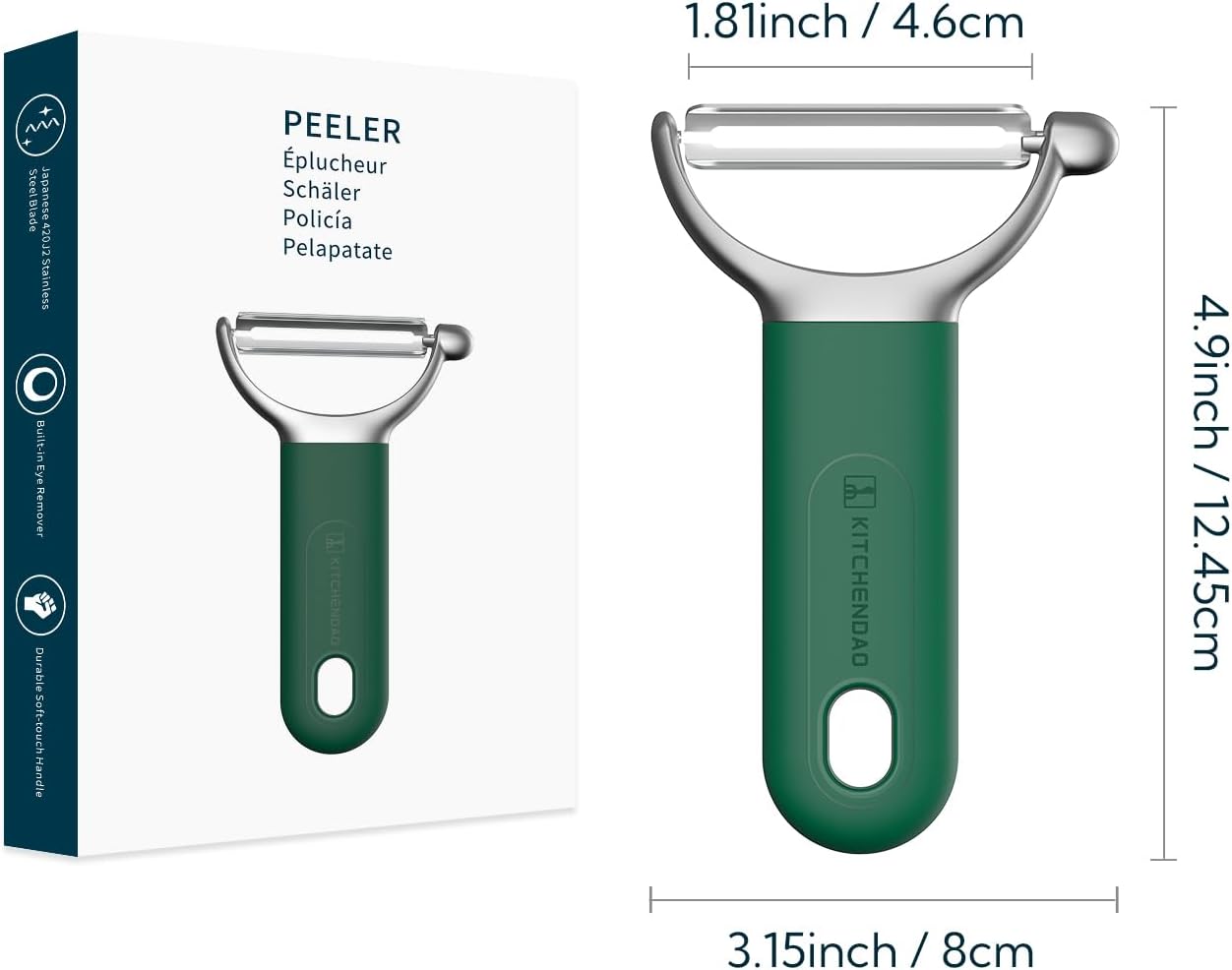 KITCHENDAO Swivel Vegetable Potato Peeler for Kitchen, Japanese Stainless Steel Sharp Blade, Heavy Duty Die-cast Construction Y Peeler, Built-in Eye Remover, Soft-touch Handle, Dishwasher Safe, Black
