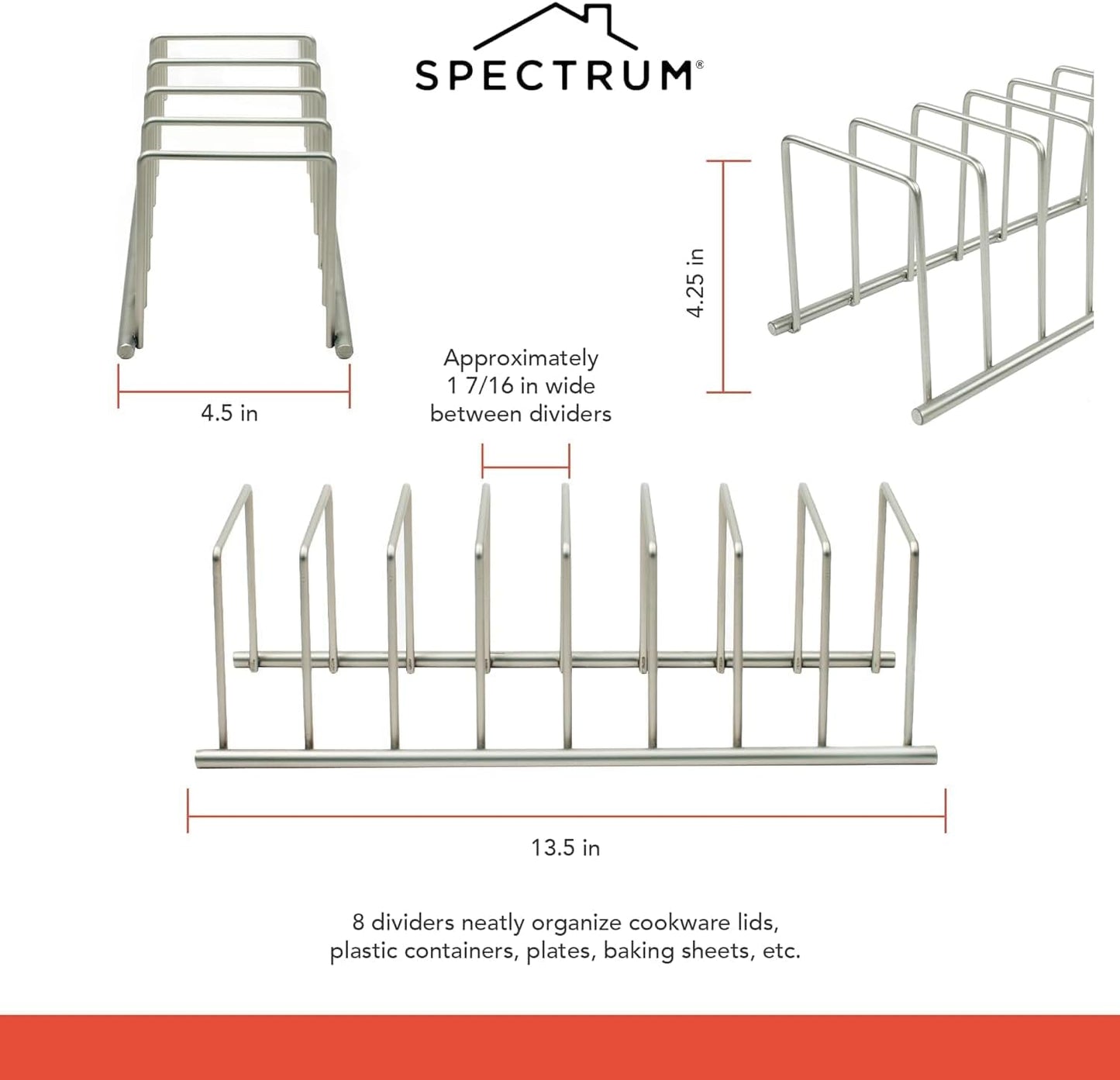 Spectrum Euro Kitchen Organizer Metal Dish Rack Cutting Board Holder Stand for Countertop or Inside Cabinet Organization, 8 Slot Cutting Board Plate Drying Rack for Bakeware Storage, Satin Nickel