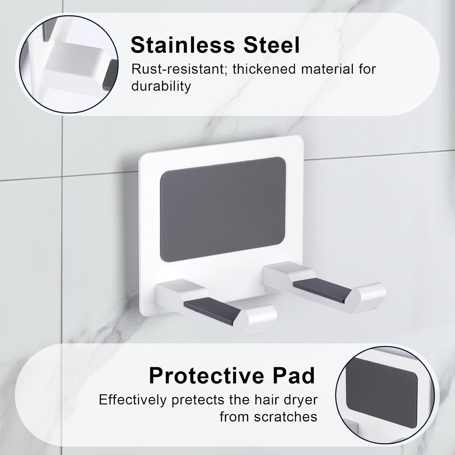 Universal Hair Dryer Holder, White | Wall Mount for Bathroom & Cabinet, Self-Adhesive Option, Blow Dryer Stand & Tool Organizer, Space-Saving Design