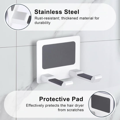 Universal Hair Dryer Holder, White | Wall Mount for Bathroom & Cabinet, Self-Adhesive Option, Blow Dryer Stand & Tool Organizer, Space-Saving Design