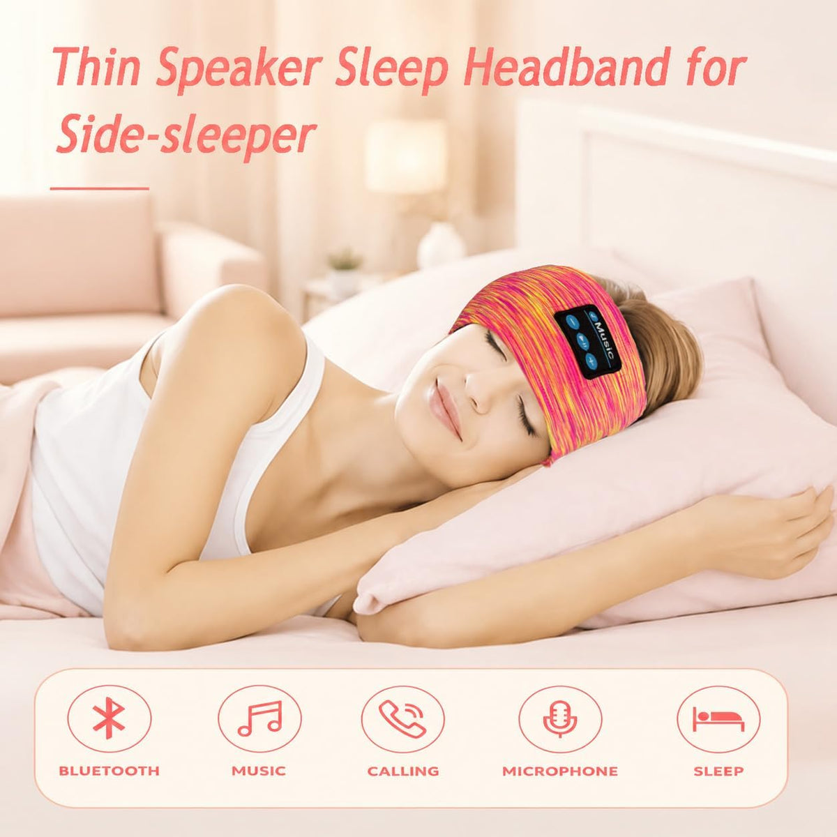 Sleep Bluetooth Headphones, Sleep Headphones Headband Wireless for Sleeping Side Sleeper, Wireless Sleep Earphones for Workout Sports Yoga Running Travel(Pinkish Yellow)