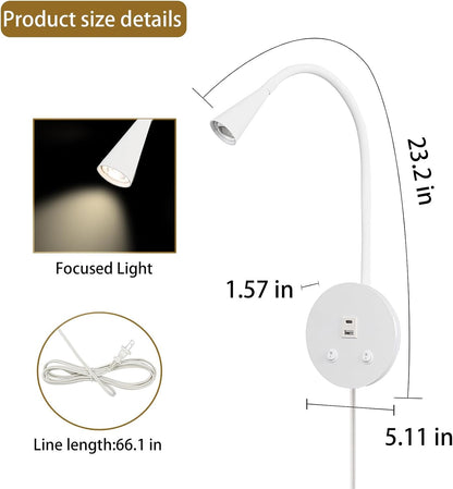 Book Lights for Reading at Night, LED Wall Mounted Reading Light, Flexible Gooseneck Wall Lamps for Bedroom, Plug in Wall Lights with USB Charging, Bedside Wall Sconces Focused Bed Lamp (Black)
