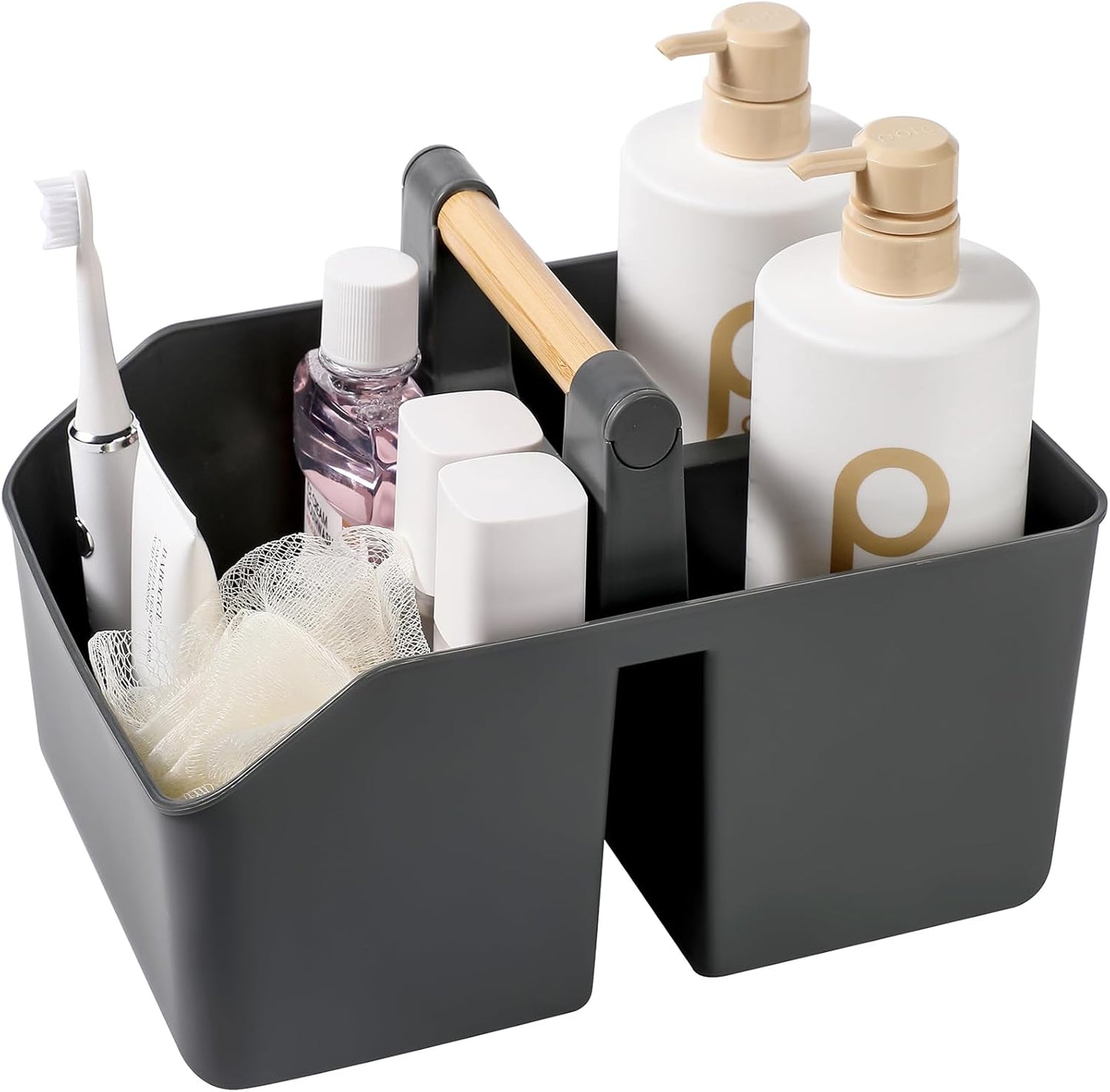 rejomiik Plastic Shower Caddy, Portable Basket with Bamboo Handle, White | Cleaning Caddy Organizer Tote for Bathroom, College Dorm Essentials, Bath Toy Storage, Cleaning Supplies