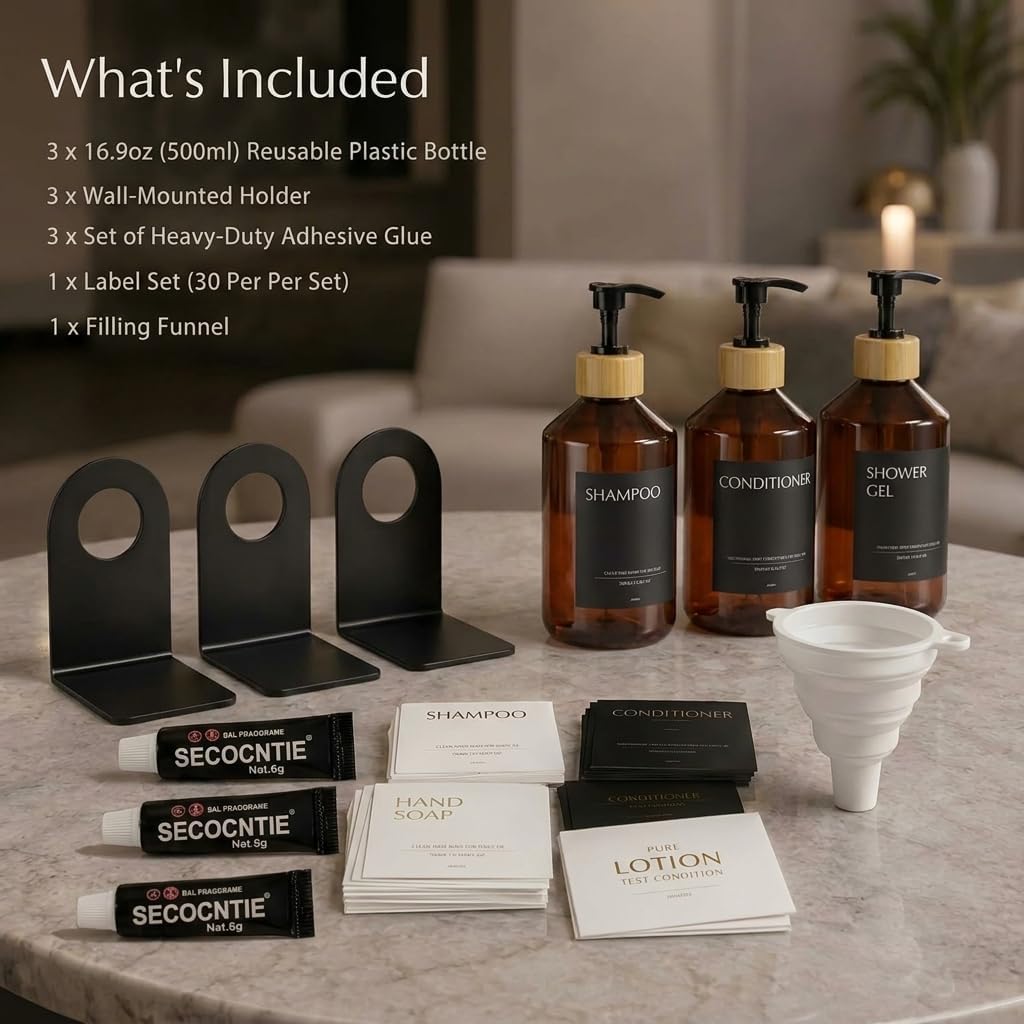 Shampoo and Conditioner Dispenser Set of 3 for Wall Mount | 16.9 fl oz Drill Free Shower Soap Bottles,Refillable Body Wash Dispensers for Bathroom Decor (Amber Bottles + Bamboo Pumps)