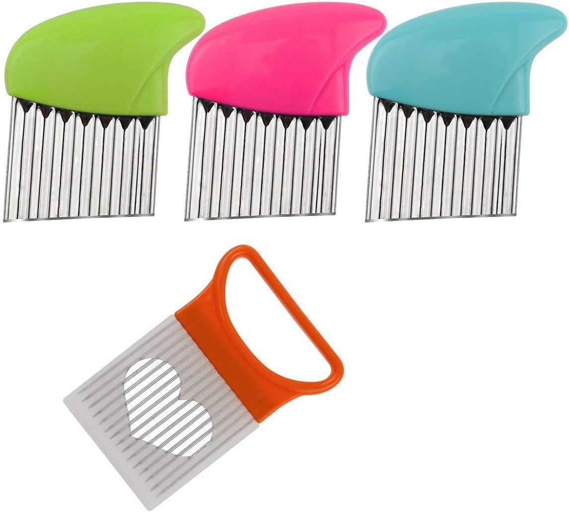 Crinkle Cut Knife set, 1 Fork Slicing Helper 3 Stainless Steel Crinkle Cutter, Fruit And Vegetable Wavy Chopper Knife, Potato Cutter Onion Cutter Fren
