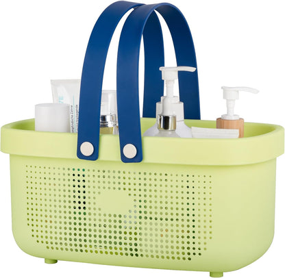JiatuA Plastic Storage Basket with Handle Portable Shower Caddy Tote Organizer Basket Bin for Bathroom Kitchen Dorm Room Bedroom, Green | Sturdy Drainage Large Capacity Organizer Basket with Silicone Handles for Bathroom Kitchen Bedroom College Dorm