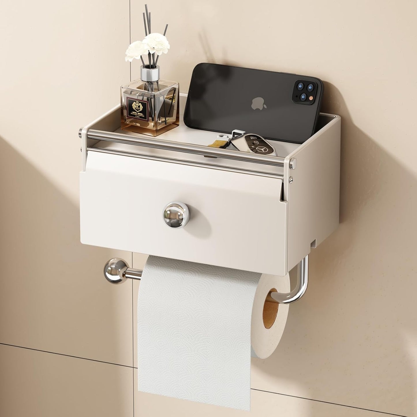 Voldra Toilet Paper Holder with Shelf, Flushable Wipes Dispenser for Bathroom, Adhesive Toilet Paper Roll Holder with Storage Wall Mount Stick On Bathroom Tissue Holder Front Flip Design (Matte Black)