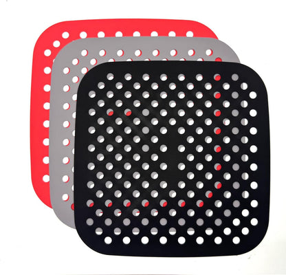 3 Pack 8.5" Reusable Square Silicone Air Fryer Liners Non-Stick, Easy-Clean Accessories Sheet Perfect for Quick Meals (Red&grey&black)