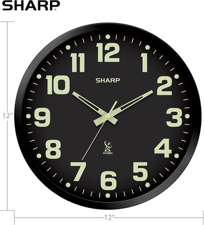 Sharp 12-Inch Atomic Wall Clock, Battery Operated, White with Black Frame | Self-setting atomic time; Easy-read analog face; Automatic time adjustment; Simple setup; Versatile home or office style
