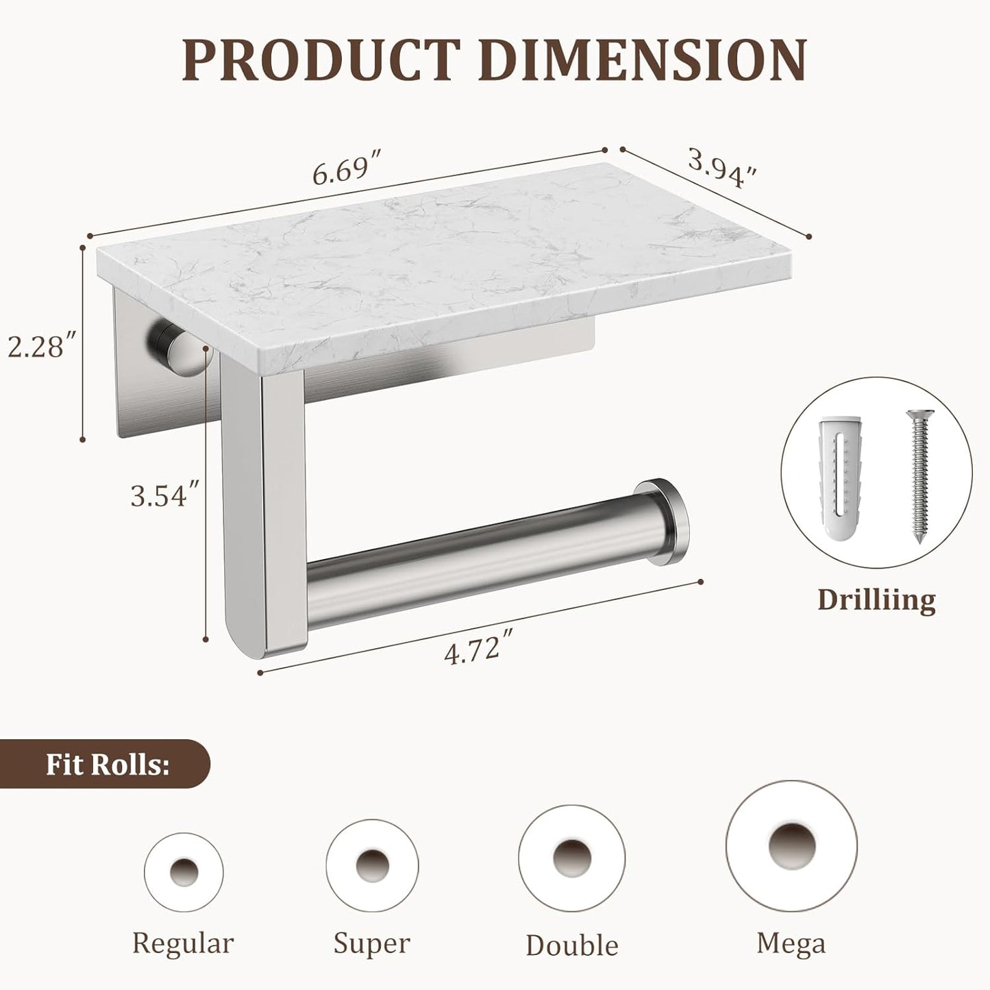 BWE Brushed Gold Toilet Paper Holder with Marble Shelf Wall Mounted | Toilet Paper Roll Holder with Phone Shelf 304 Stainless Steel Tissue Holder for Bathroom Washroom,Saving Space