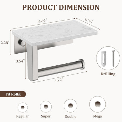 BWE Brushed Gold Toilet Paper Holder with Marble Shelf Wall Mounted | Toilet Paper Roll Holder with Phone Shelf 304 Stainless Steel Tissue Holder for Bathroom Washroom,Saving Space