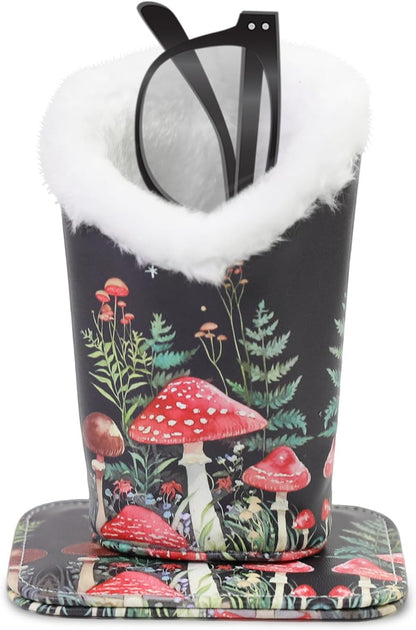 Plush Lined Eyeglasses Holder, Cute Magnetic PU Leather Glasses Stand Case for Women Men Kids