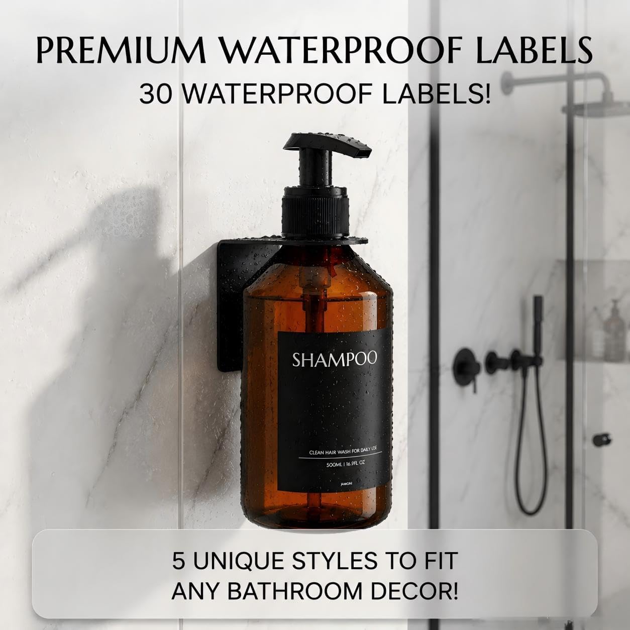 Shampoo and Conditioner Dispenser Set of 3 for Wall Mount | 16.9 fl oz Drill Free Shower Soap Bottles,Refillable Body Wash Dispensers for Bathroom Decor (Amber Bottles + Bamboo Pumps)