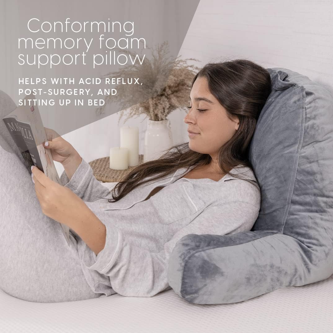 Milliard Reading Pillow with Arms, Grey, Shredded Memory Foam Back Pillow for Bed Sitting Up - Sit Up Backrest Support for Reading & Rest Bed - Washable Cover, Adjustable Comfort, CertiPUR Certified