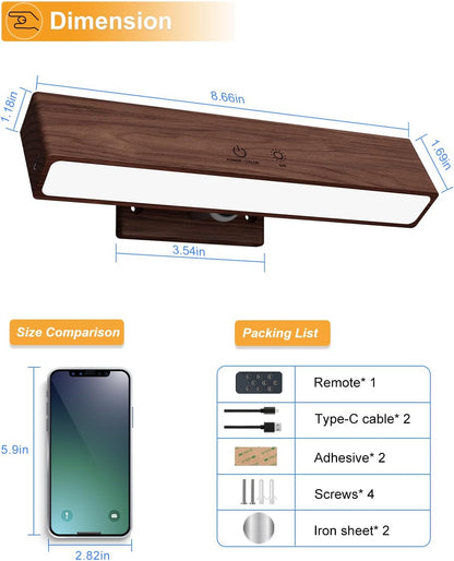 Rechargeable Wood Wall Lights with Remote & Touch, 5200mAh Battery Operated Wall Sconce 3 Color Temperatures & RGB. Magnetic, Stick-On, Dimmable Wall Reading Lamp for Bedroom, Living Room, Picture