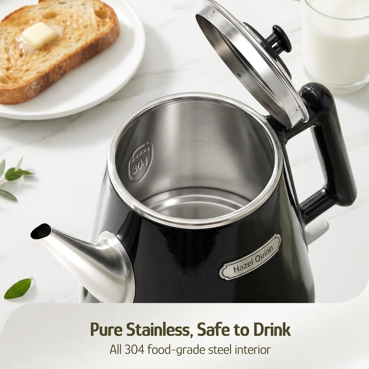 Hazel Quinn Electric Kettle, 1L/34oz Small Tea Kettle - Pearl White | 800W Fast Boil, 304 Stainless Steel Interior, Double-Wall Cool Touch, Gooseneck Spout, Auto Shut-Off, BPA-Free Cordless Home